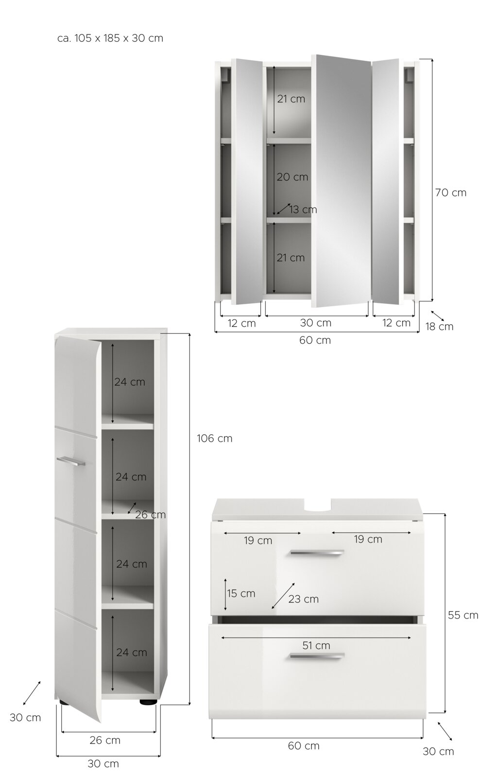 Maßskizze eines weißen Badezimmermöbel-Sets mit Spiegelschrank (60 cm breit), Hochschrank (106 cm hoch) und Waschtischunterschrank (60 cm breit, 55 cm hoch), teils mit geöffneten Türen/Schubladen und eingezeichneten Innenmaßen, Ansicht frontal und seitlic
