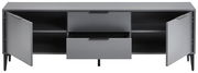 Graues TV-Lowboard mit zwei offenen Türen und einer Schublade, frontale Ansicht