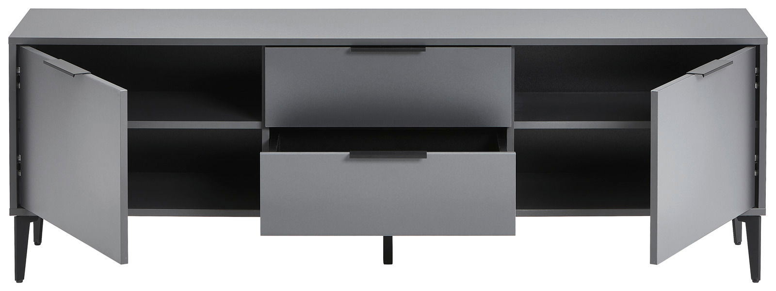 Graues TV-Lowboard mit zwei offenen Türen und einer Schublade, frontale Ansicht