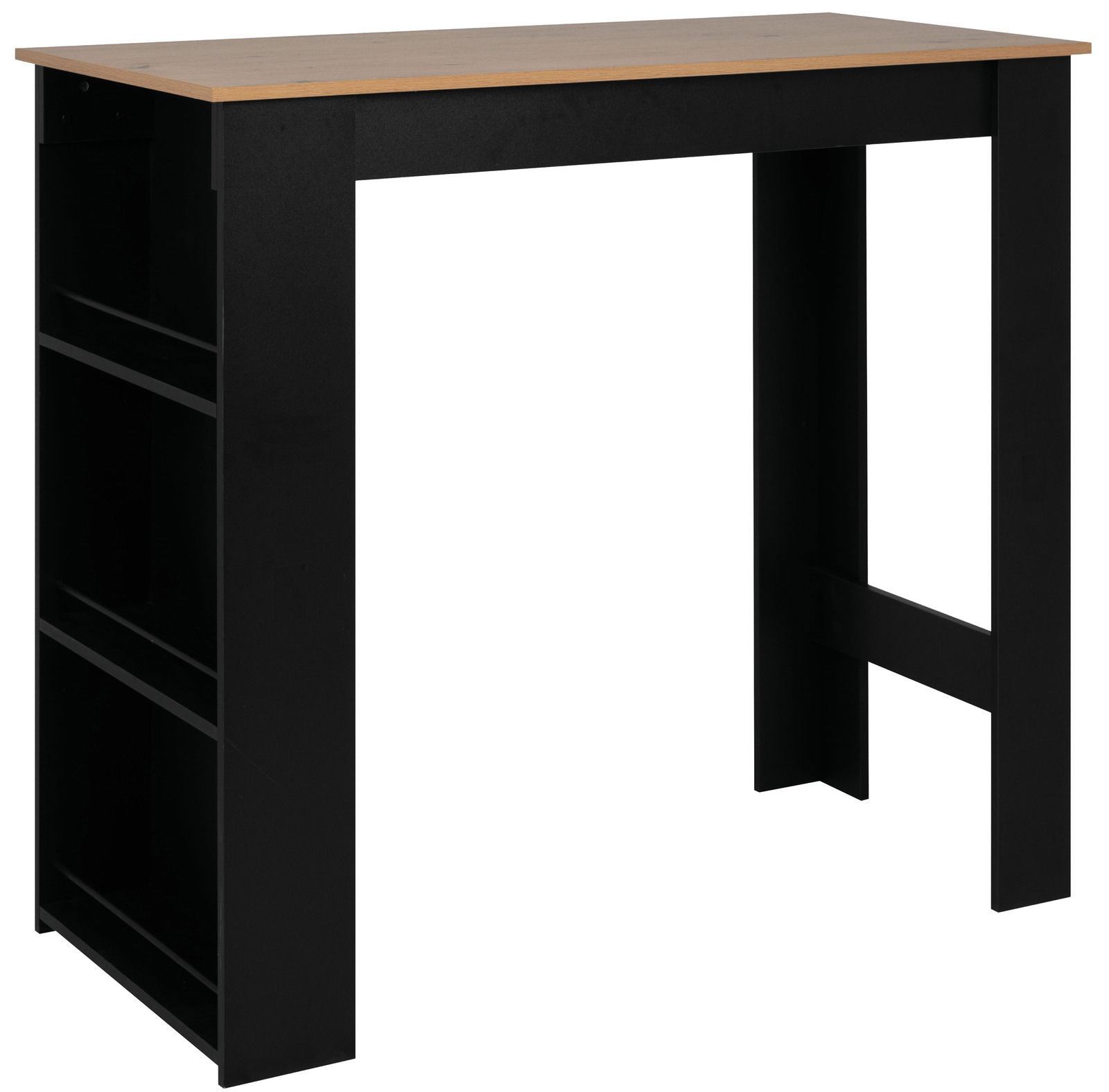 Moderner Bartisch mit schwarzem Gestell und Holzplatte, seitliche Perspektive