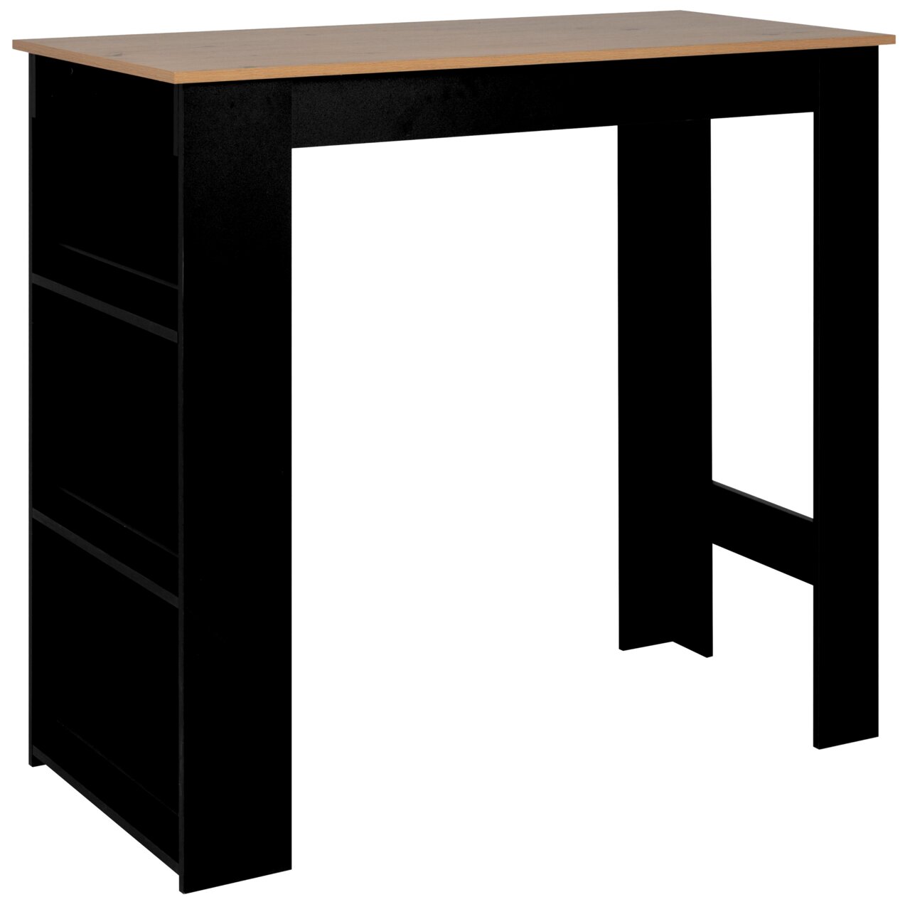 Moderner Bartisch mit schwarzem Gestell und Holzplatte, seitliche Perspektive