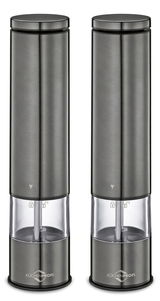 Zwei elegante, zylindrische Pfeffer- und Salzmühlen aus Edelstahl, frontal abgebildet, mit transparentem Mittelteil und sichtbarem Mahlwerk.