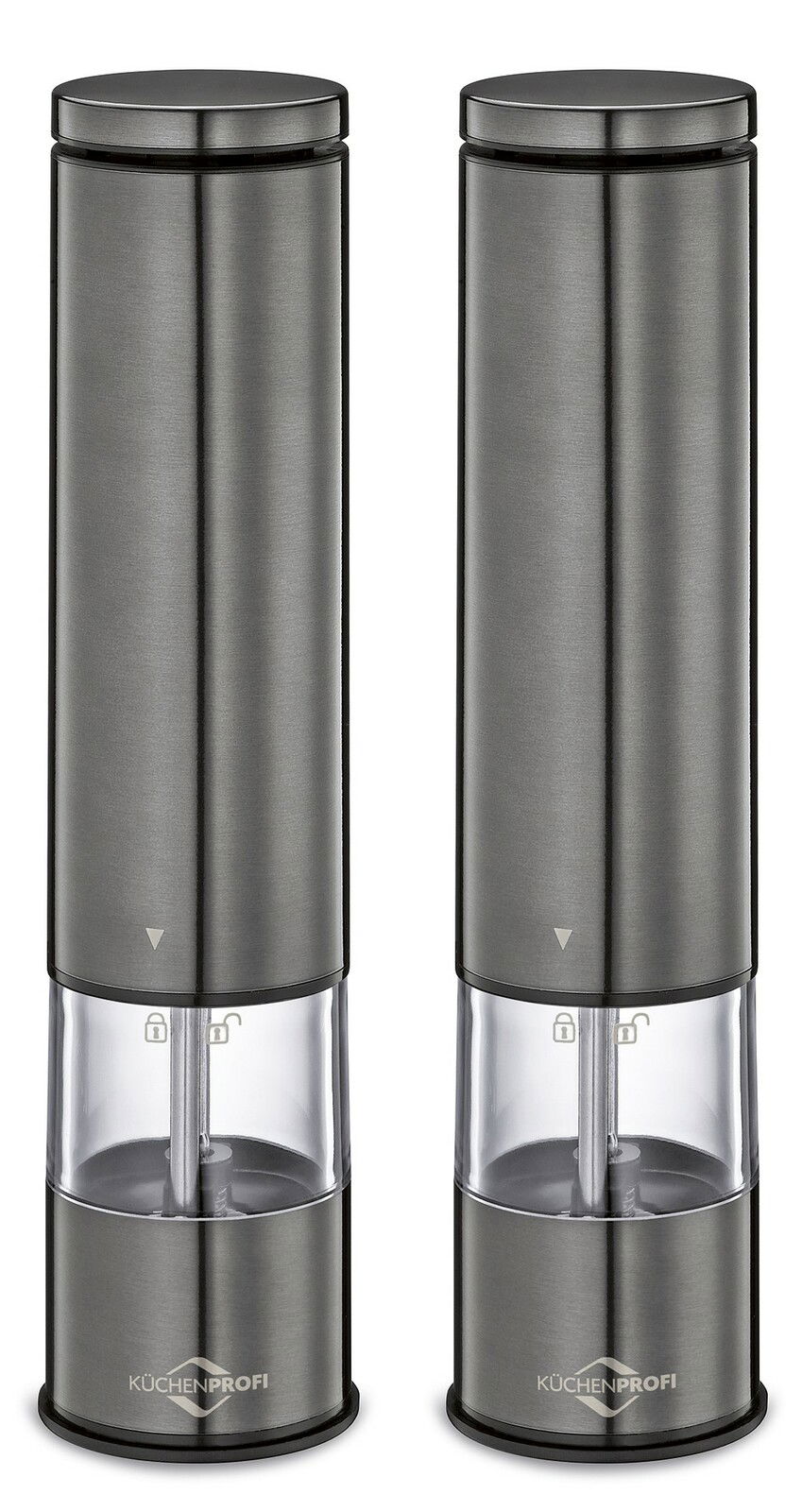 KÜCHENPROFI Elektrische Pfeffer/-Salzmühle 2er-Set BOSTON Zwei elegante, zylindrische Pfeffer- und Salzmühlen aus Edelstahl, frontal abgebildet, mit transparentem Mittelteil und sichtbarem Mahlwerk.