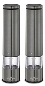 Zwei elegante, zylindrische Pfeffer- und Salzmühlen aus Edelstahl, frontal abgebildet, mit transparentem Mittelteil und sichtbarem Mahlwerk.