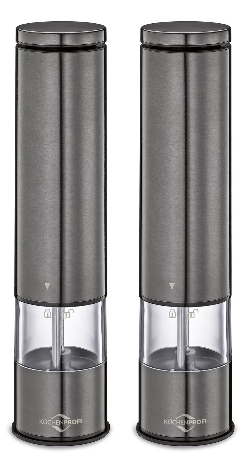 KÜCHENPROFI Elektrische Pfeffer/-Salzmühle 2er-Set BOSTON Zwei elegante, zylindrische Pfeffer- und Salzmühlen aus Edelstahl, frontal abgebildet, mit transparentem Mittelteil und sichtbarem Mahlwerk.