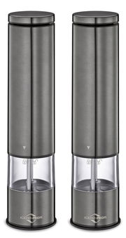 Zwei elegante, zylindrische Pfeffer- und Salzmühlen aus Edelstahl, frontal abgebildet, mit transparentem Mittelteil und sichtbarem Mahlwerk.