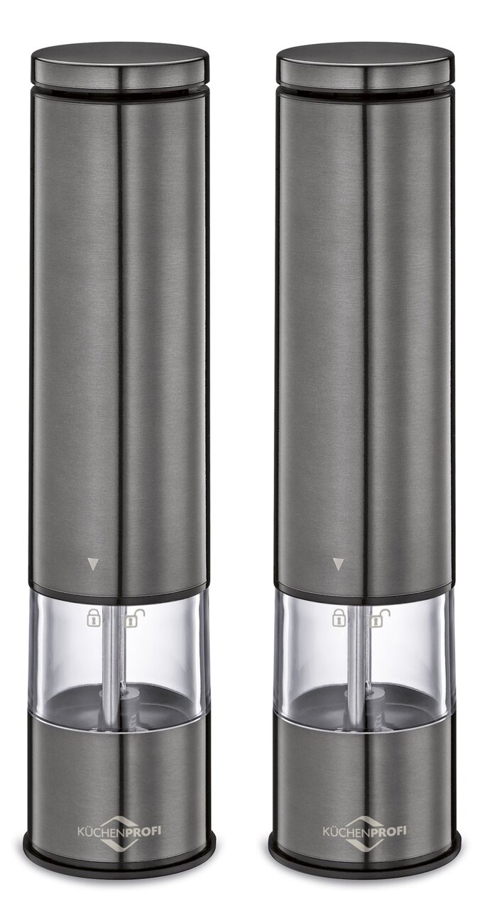 KÜCHENPROFI Elektrische Pfeffer/-Salzmühle 2er-Set BOSTON Zwei elegante, zylindrische Pfeffer- und Salzmühlen aus Edelstahl, frontal abgebildet, mit transparentem Mittelteil und sichtbarem Mahlwerk.