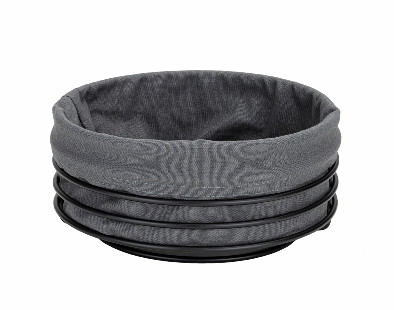 Runder Brotkorb in Anthrazit mit Stoffeinlage, seitliche Perspektive