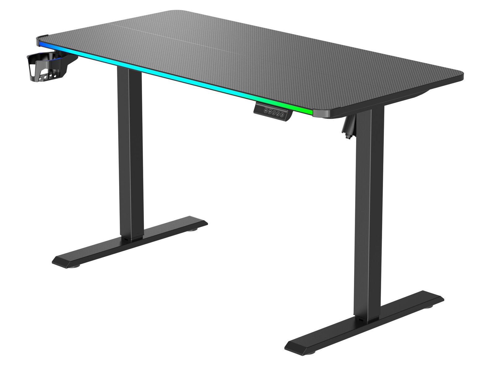 Moderner E-Gaming Tisch mit LED-Beleuchtung und Getränkehalter, seitliche Perspektive