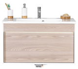 Moderner Waschplatz mit Holzoptik, frontal fotografiert, mit integriertem Waschbecken, Seifenspender und Zahnbürstenhalter.