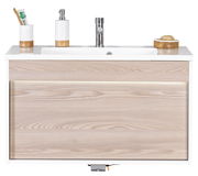 Moderner Waschplatz mit Holzoptik, frontal fotografiert, mit integriertem Waschbecken, Seifenspender und Zahnbürstenhalter.