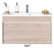 Moderner Waschplatz mit Holzoptik, frontal fotografiert, mit integriertem Waschbecken, Seifenspender und Zahnbürstenhalter.