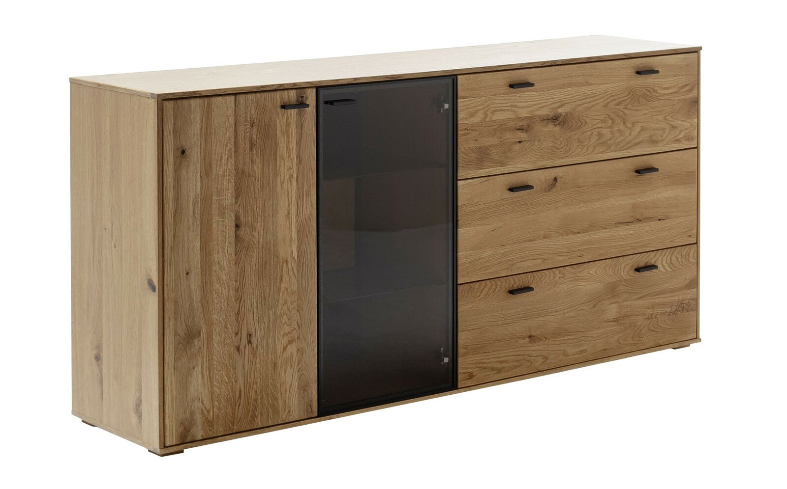Holzsideboard mit drei Schubladen und einer Glastür, seitliche Perspektive