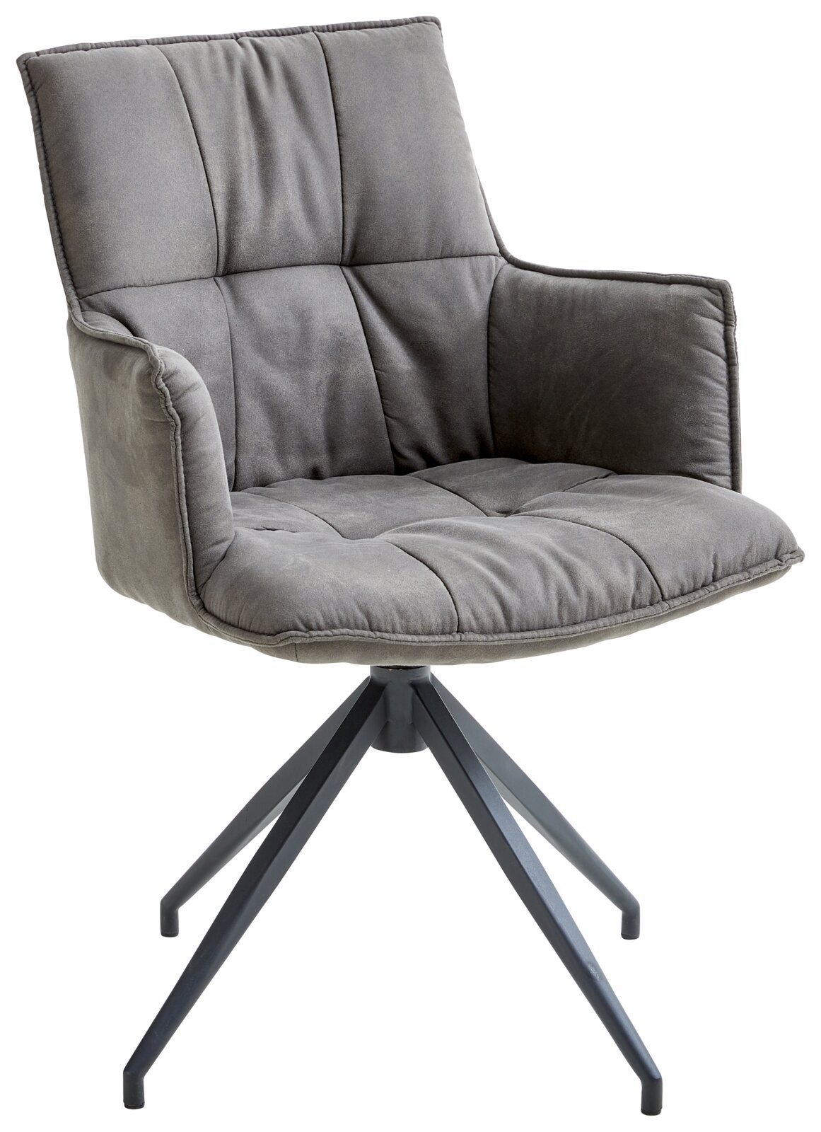 Grauer Sessel mit gepolstertem Sitz und Rückenlehne, auf einem drehbaren Metallgestell, seitliche Perspektive