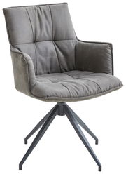 Grauer Sessel mit gepolstertem Sitz und Rückenlehne, auf einem drehbaren Metallgestell, seitliche Perspektive