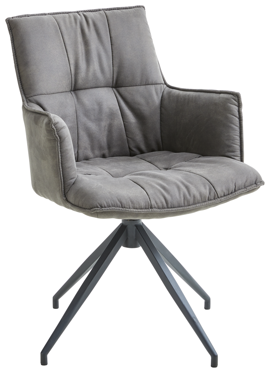 Novel Sessel OSAKA Grauer Sessel mit gepolstertem Sitz und Rückenlehne, auf einem drehbaren Metallgestell, seitliche Perspektive