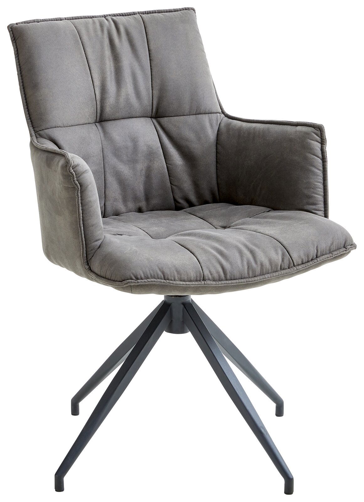 Grauer Sessel mit gepolstertem Sitz und Rückenlehne, auf einem drehbaren Metallgestell, seitliche Perspektive