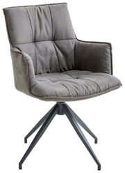 Grauer Sessel mit gepolstertem Sitz und Rückenlehne, auf einem drehbaren Metallgestell, seitliche Perspektive