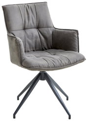 Grauer Sessel mit gepolstertem Sitz und Rückenlehne, auf einem drehbaren Metallgestell, seitliche Perspektive