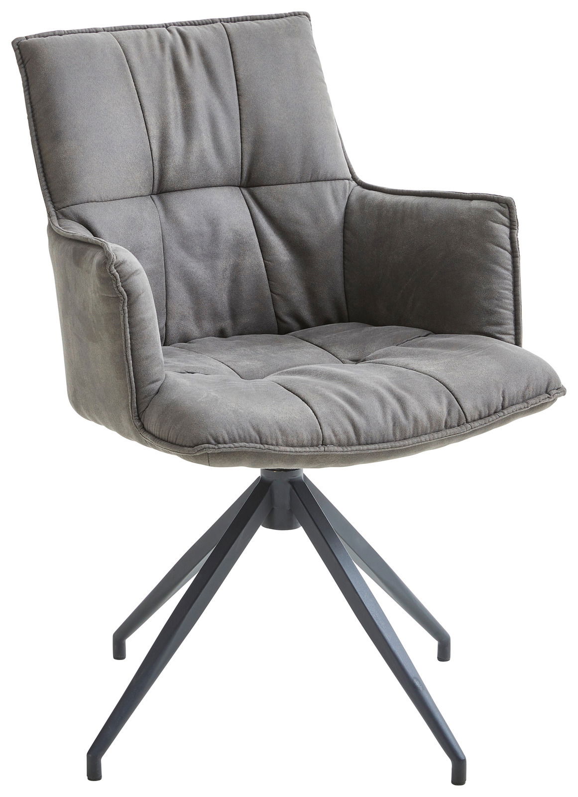 Grauer Sessel mit gepolstertem Sitz und Rückenlehne, auf einem drehbaren Metallgestell, seitliche Perspektive