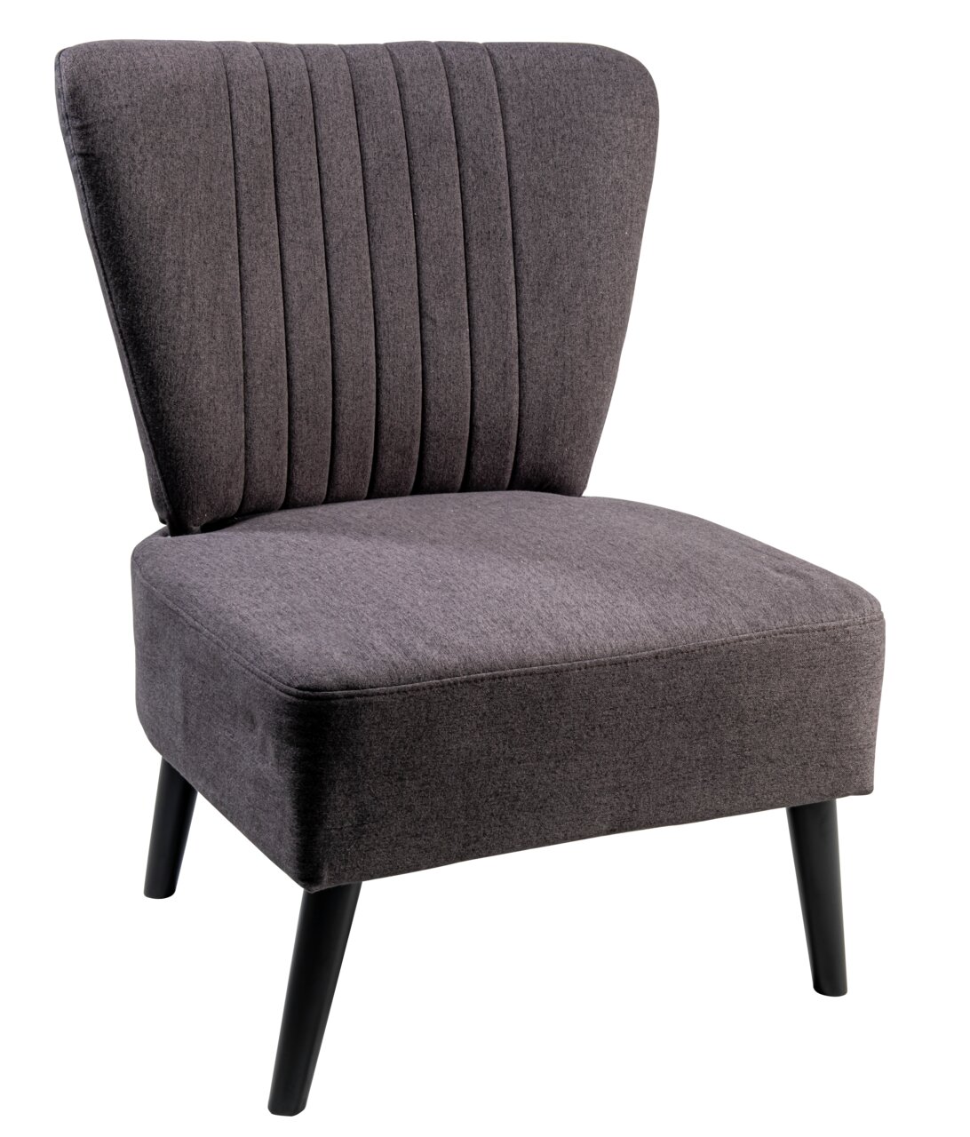 Grijze fauteuil uit de ODENSE-serie met verticale stiksels op de rugleuning, gefotografeerd vanuit zijaanzicht.