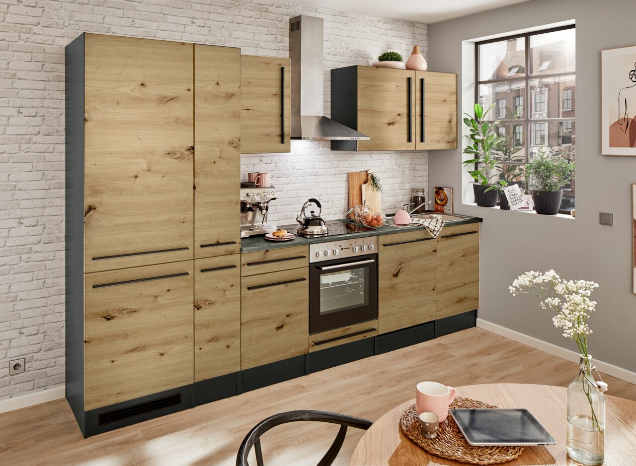 Yourkitchen Küchenblock 310 JAZZ Moderne Küchenzeile in Holzoptik mit Elektrogeräten, fotografiert aus einer leicht seitlichen Perspektive.