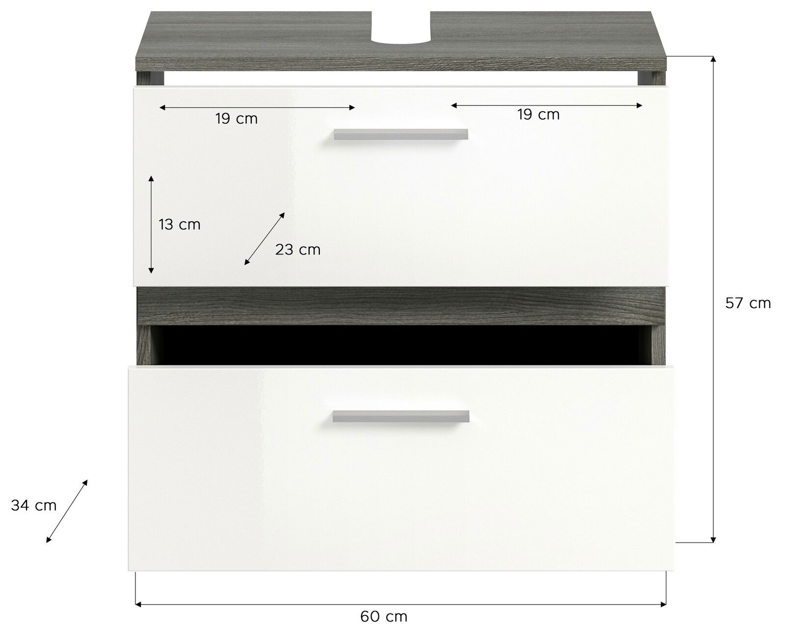 Frontansicht einer Badkombination mit zwei weißen Schubladen und grauer Ablagefläche, Maße: 60 cm Breite, 57 cm Höhe, 34 cm Tiefe.