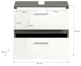 Frontansicht einer Badkombination mit zwei weißen Schubladen und grauer Ablagefläche, Maße: 60 cm Breite, 57 cm Höhe, 34 cm Tiefe.