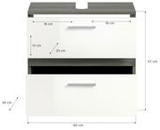 Frontansicht einer Badkombination mit zwei weißen Schubladen und grauer Ablagefläche, Maße: 60 cm Breite, 57 cm Höhe, 34 cm Tiefe.