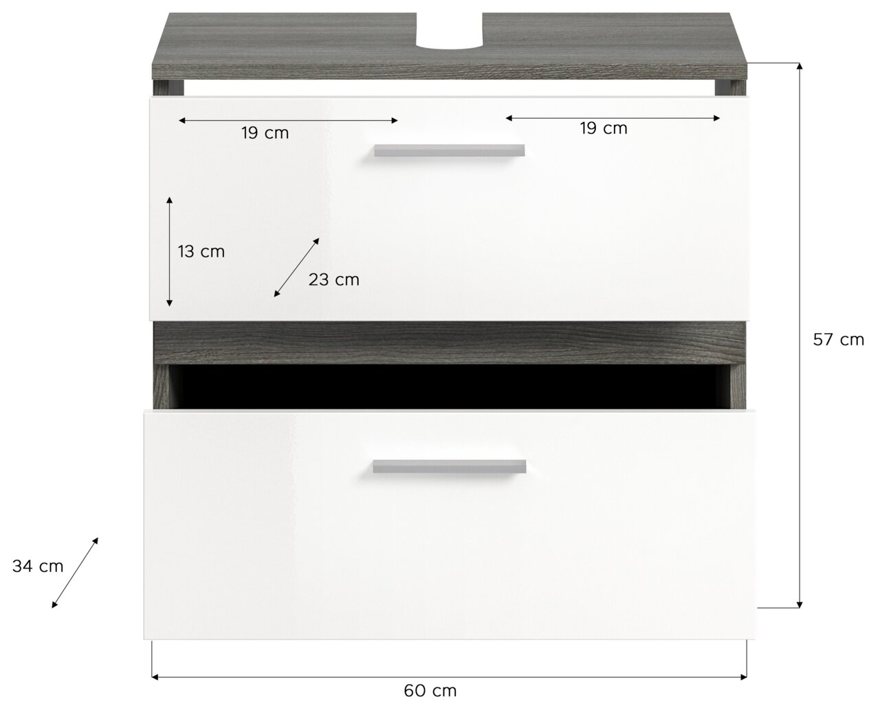 Frontansicht einer Badkombination mit zwei weißen Schubladen und grauer Ablagefläche, Maße: 60 cm Breite, 57 cm Höhe, 34 cm Tiefe.