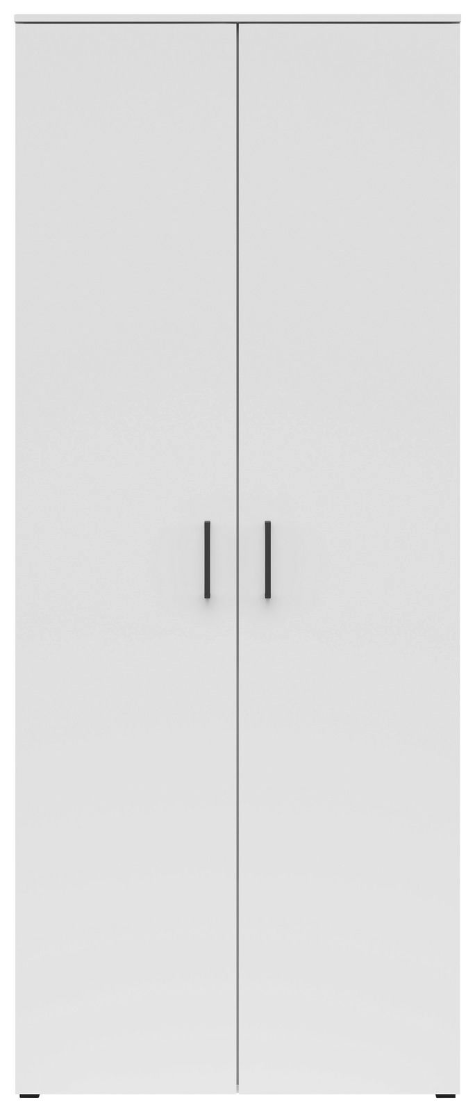 Frontansicht eines weißen Mehrzweck-Vorratsschranks mit zwei Türen und schwarzen Griffen.