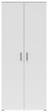 Frontansicht eines weißen Mehrzweck-Vorratsschranks mit zwei Türen und schwarzen Griffen.