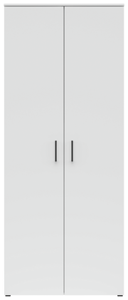 Frontansicht eines weißen Mehrzweck-Vorratsschranks mit zwei Türen und schwarzen Griffen.