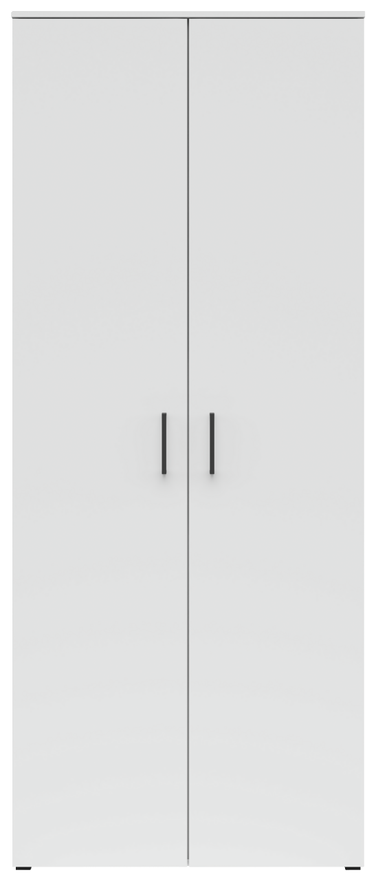 Frontansicht eines weißen Mehrzweck-Vorratsschranks mit zwei Türen und schwarzen Griffen.