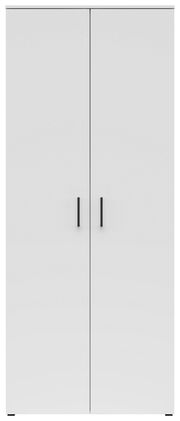 Frontansicht eines weißen Mehrzweck-Vorratsschranks mit zwei Türen und schwarzen Griffen.