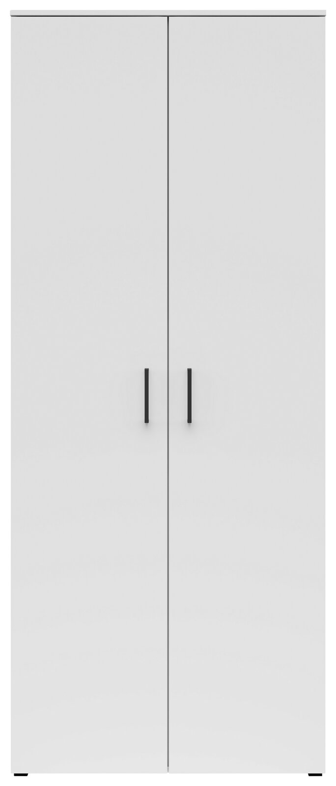 Frontansicht eines weißen Mehrzweck-Vorratsschranks mit zwei Türen und schwarzen Griffen.