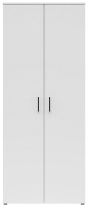 Frontansicht eines weißen Mehrzweck-Vorratsschranks mit zwei Türen und schwarzen Griffen.