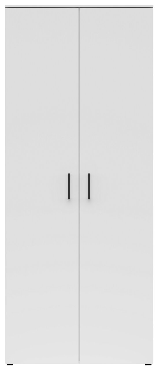 Frontansicht eines weißen Mehrzweck-Vorratsschranks mit zwei Türen und schwarzen Griffen.