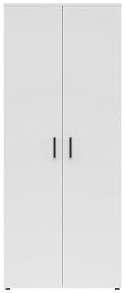 Frontansicht eines weißen Mehrzweck-Vorratsschranks mit zwei Türen und schwarzen Griffen.