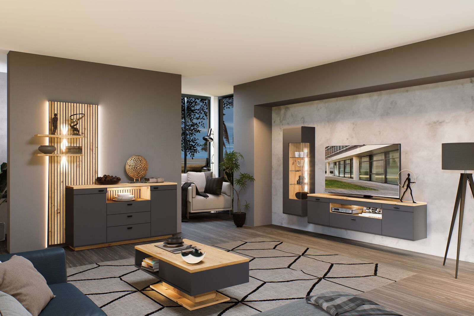 Stylife Sideboardkombination RENO Moderne Wohnzimmeransicht mit einer stilvollen Sideboardkombination in dunklem Grau und Holzoptik, beleuchtet von warmem Licht. Perspektive von vorne.