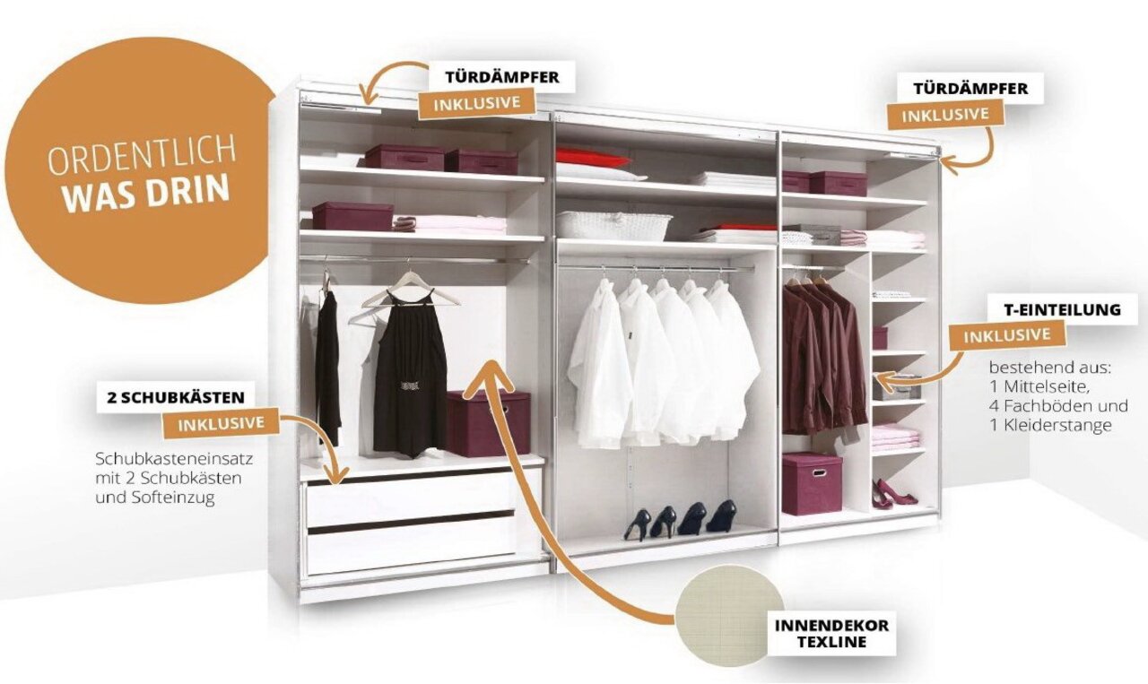 Schwebetürenschrank mit offener Frontansicht, zeigt Schubkästen, Türdämpfer und T-Einteilung mit Kleiderstange und Regalböden, Innendekor in Texline-Optik.