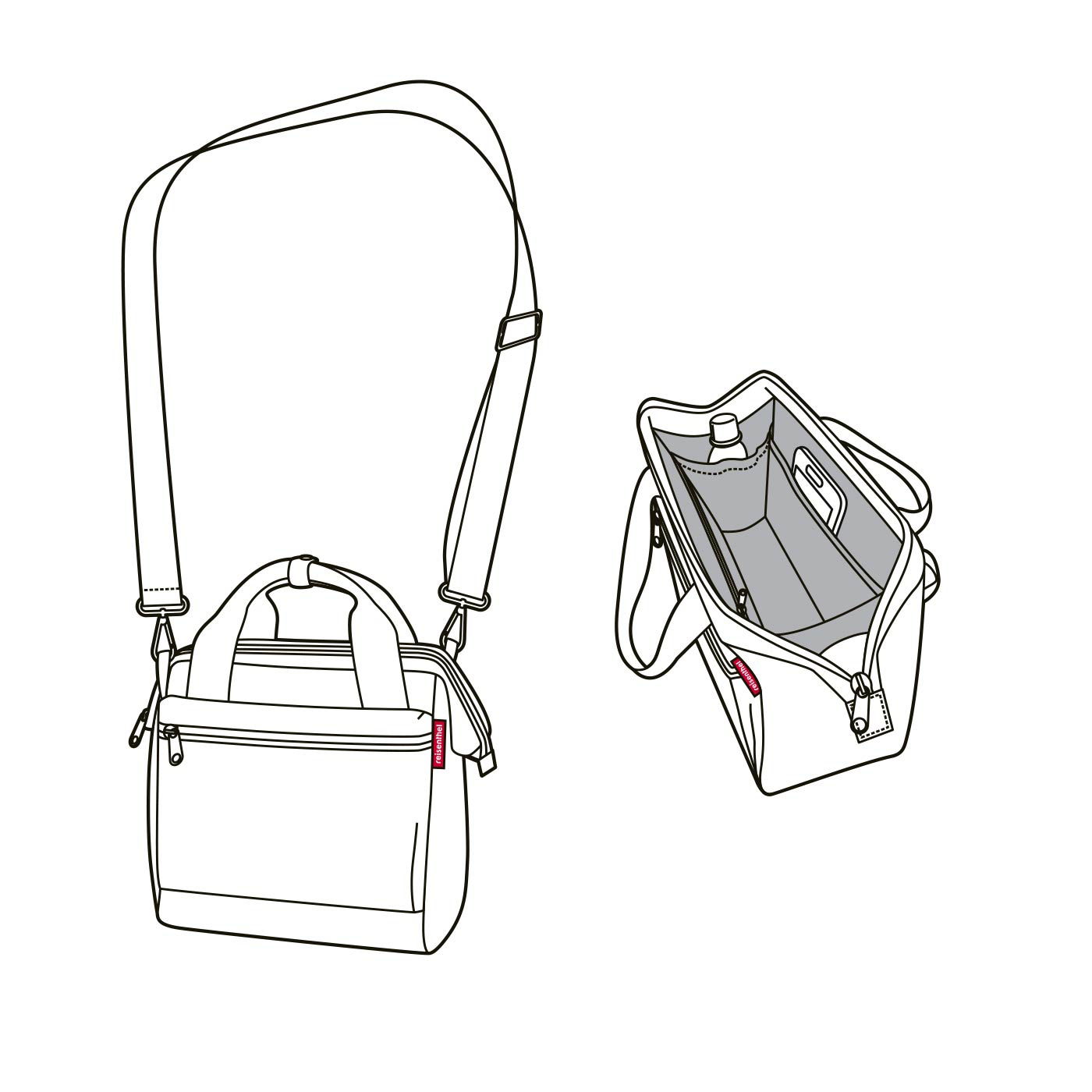 Illustration einer Umhängetasche mit verstellbarem Schultergurt und mehreren Fächern, Vorder- und Innenansicht.