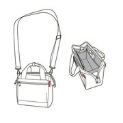 Illustration einer Umhängetasche mit verstellbarem Schultergurt und mehreren Fächern, Vorder- und Innenansicht.