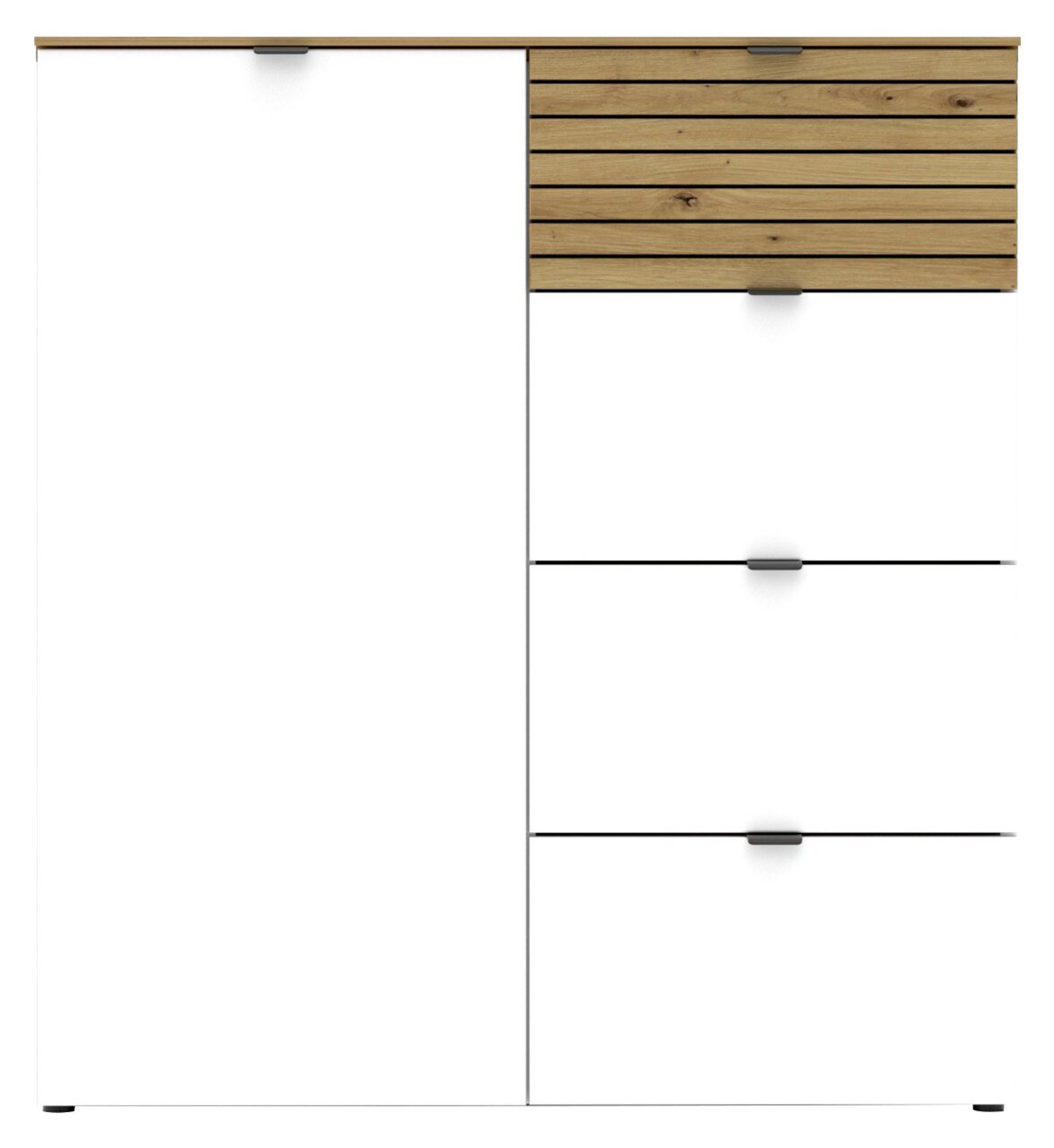 Kommode in moderner Frontansicht mit weißem und holzfarbenem Design, links eine Tür und rechts vier Schubladen.