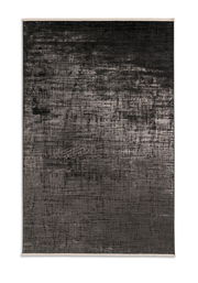 Draufsicht auf einen modernen, dunkelgrauen Teppich mit abstraktem Linienmuster, 140x200cm.