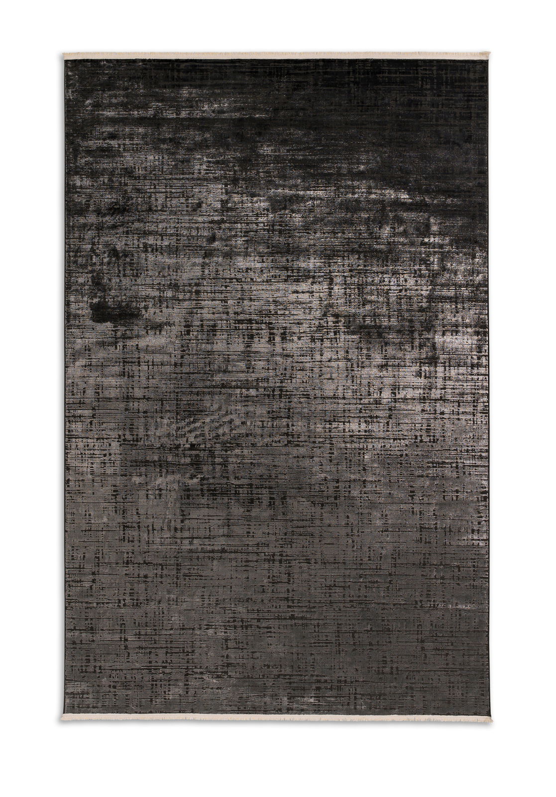 Draufsicht auf einen modernen, dunkelgrauen Teppich mit abstraktem Linienmuster, 140x200cm.