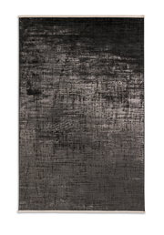 Draufsicht auf einen modernen, dunkelgrauen Teppich mit abstraktem Linienmuster, 140x200cm.