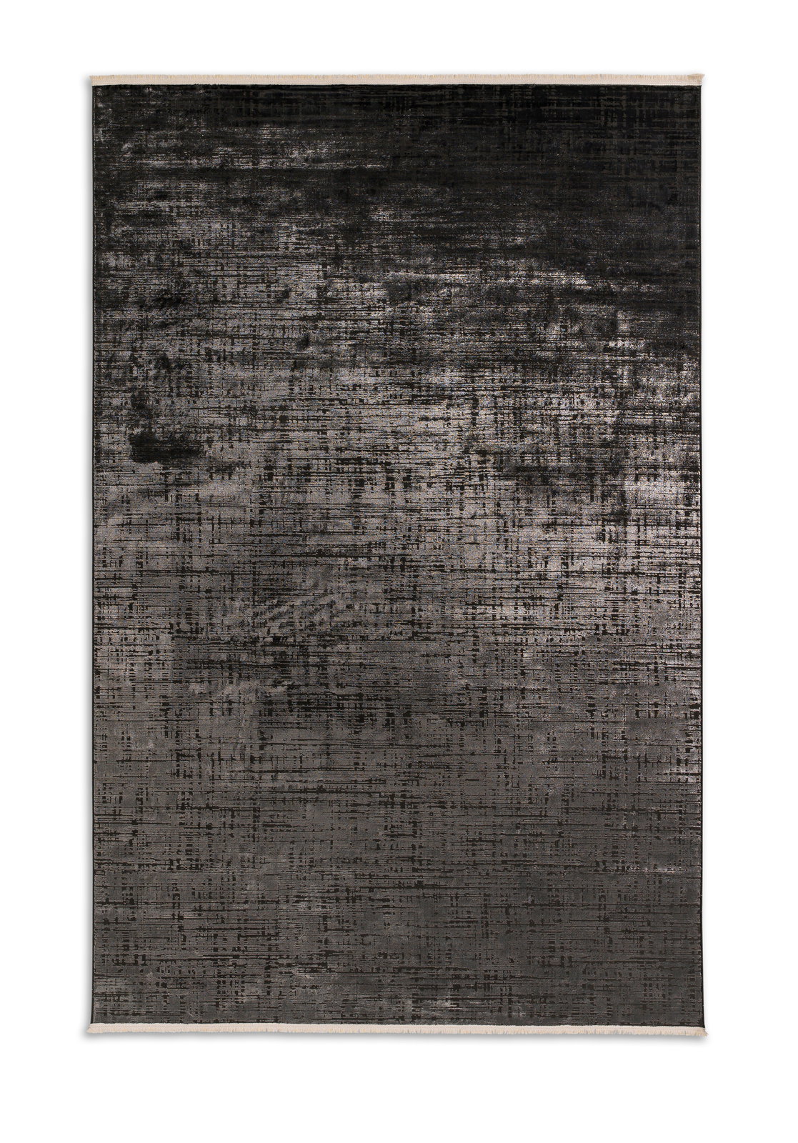 Draufsicht auf einen modernen, dunkelgrauen Teppich mit abstraktem Linienmuster, 140x200cm.