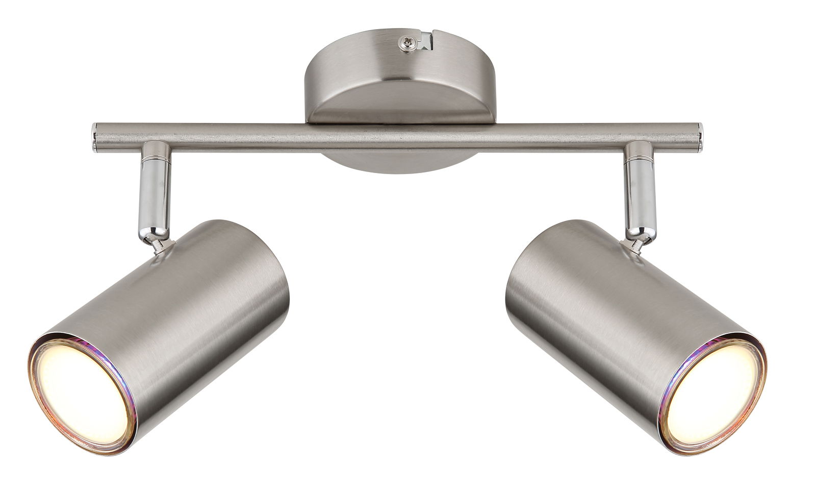 Zweiflammiger Strahler aus gebürstetem Metall in moderner Optik, Ansicht von vorne.