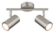 Zweiflammiger Strahler aus gebürstetem Metall in moderner Optik, Ansicht von vorne.
